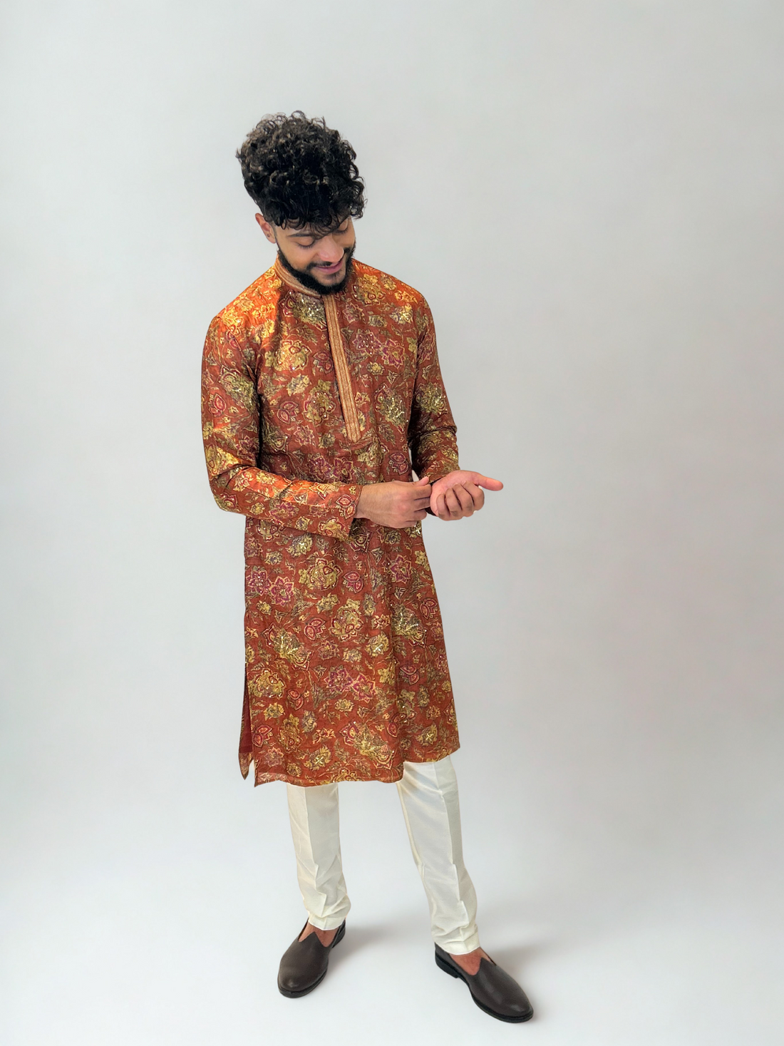 Rust Gold Floral Tussar Munga Silk Kurta Set
