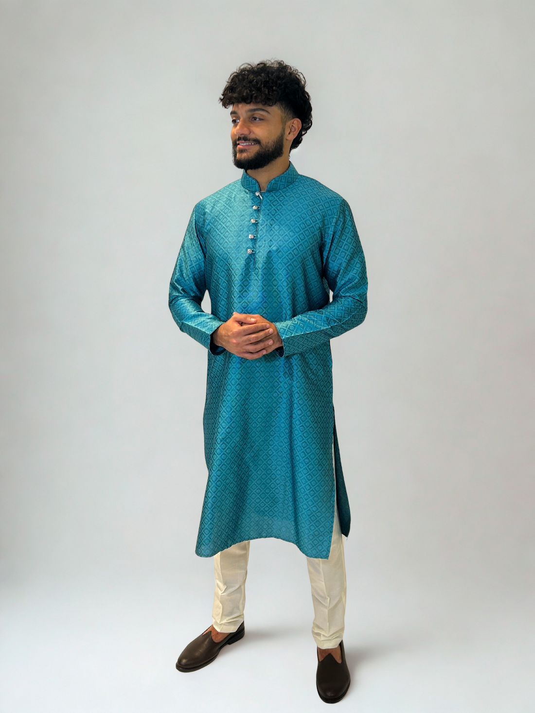 Teal Blue Jacquard Kurta Set