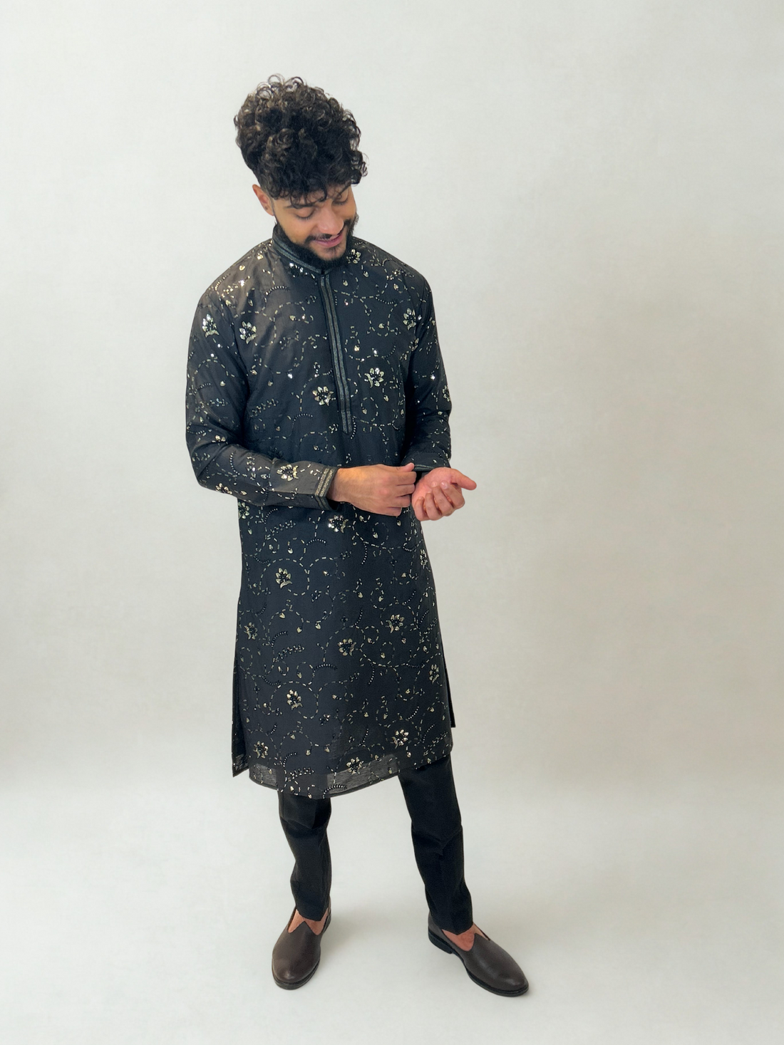 Black and Gold Floral Embroidered Kurta Set