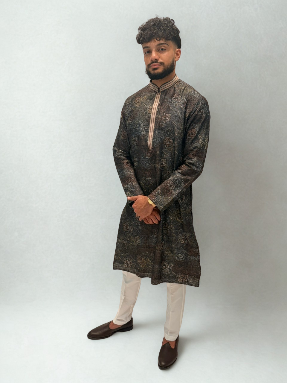 Dark Grey Multi-Tone Tussar Munga Silk Kurta Set