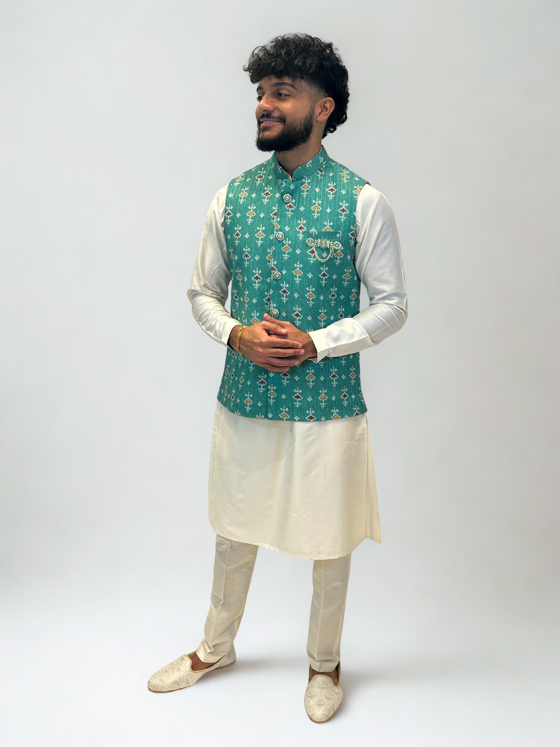 Teal Green Embroidered Textured Nehru Jacket