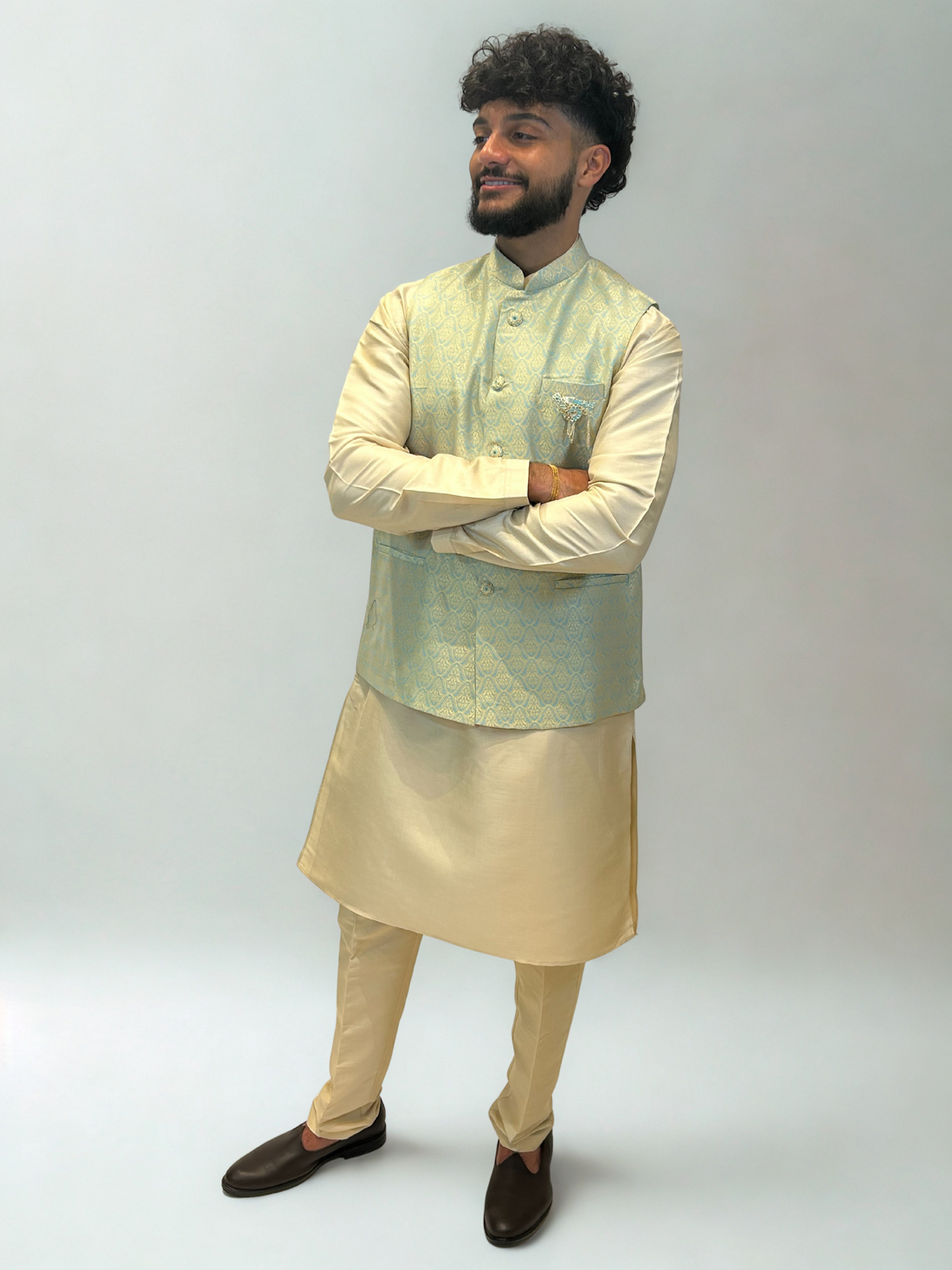 Mint Gold Brocade Nehru Jacket