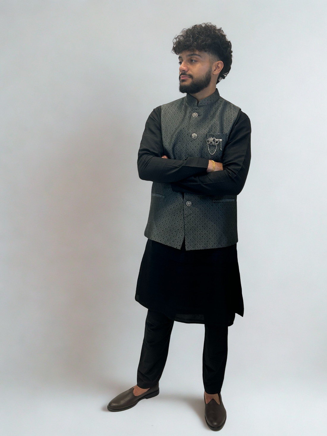 Silver Grey Textured Nehru Jacket