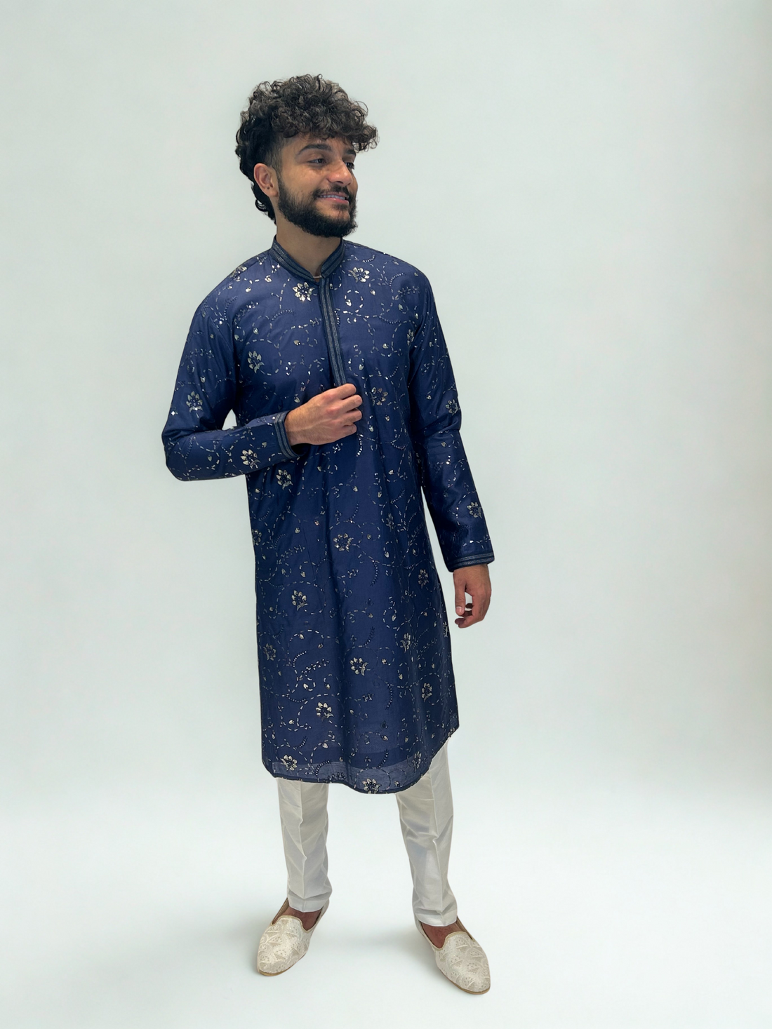 Navy Blue Floral Embroidered Kurta Set