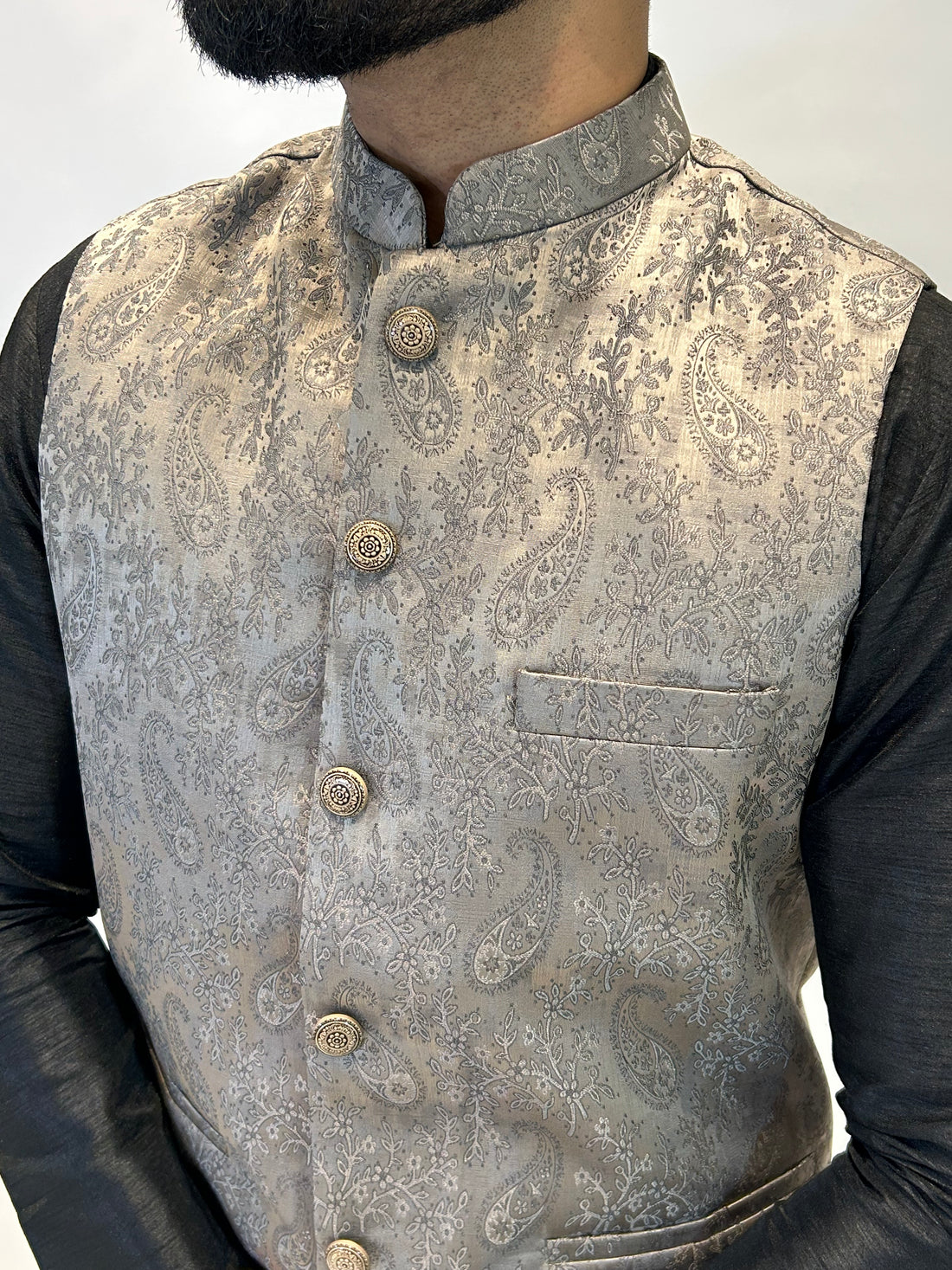 Grey Paisley Patterned Nehru Jacket
