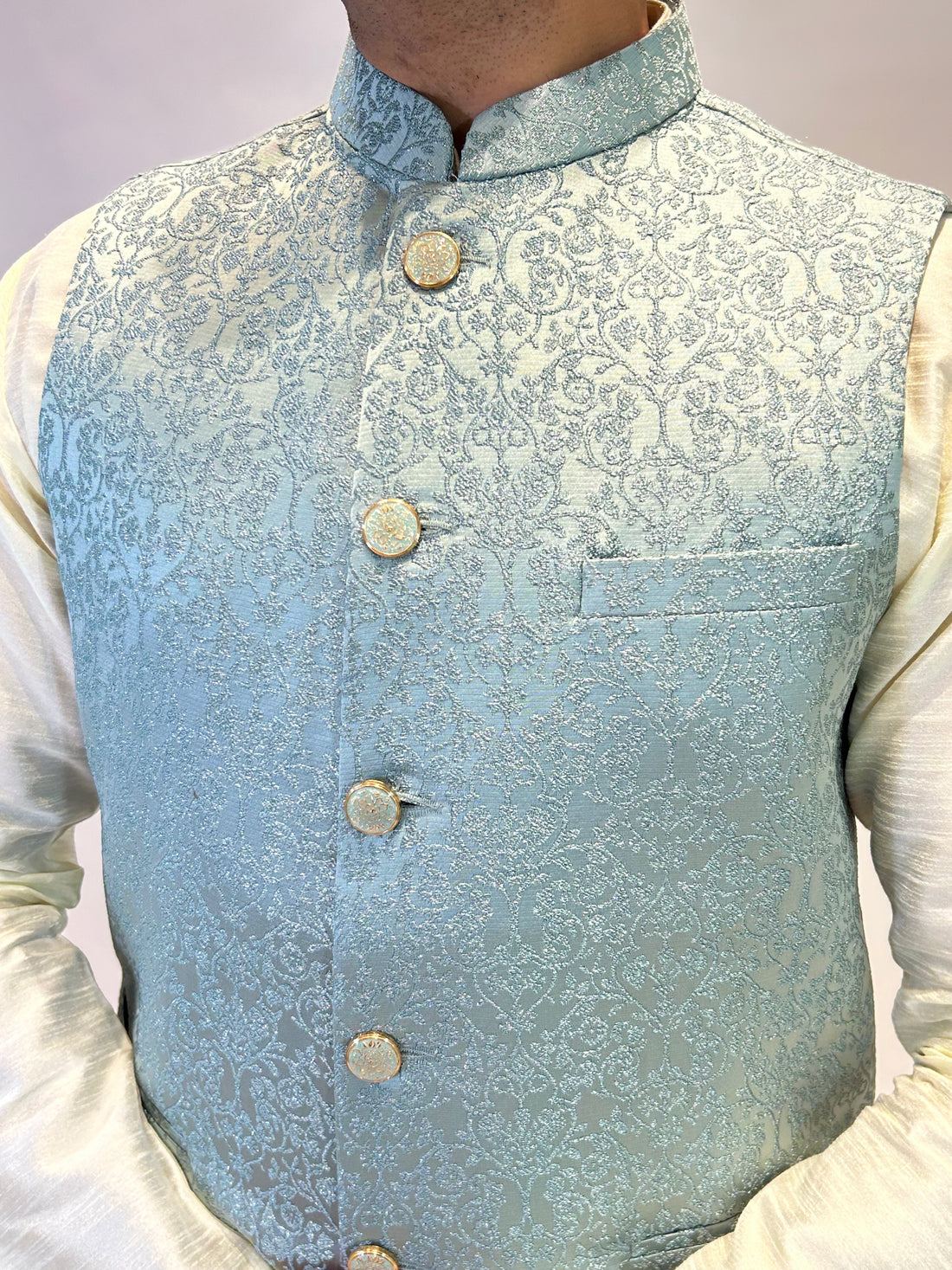 Aqua Blue Brocade Nehru Jacket