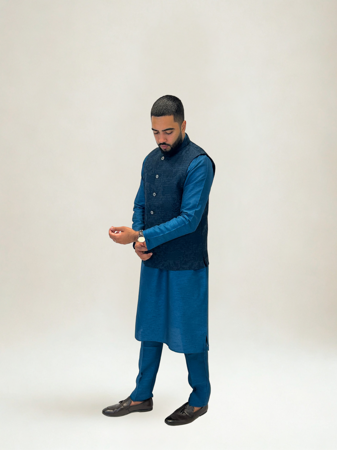 Dark Teal Patterned Nehru Jacket