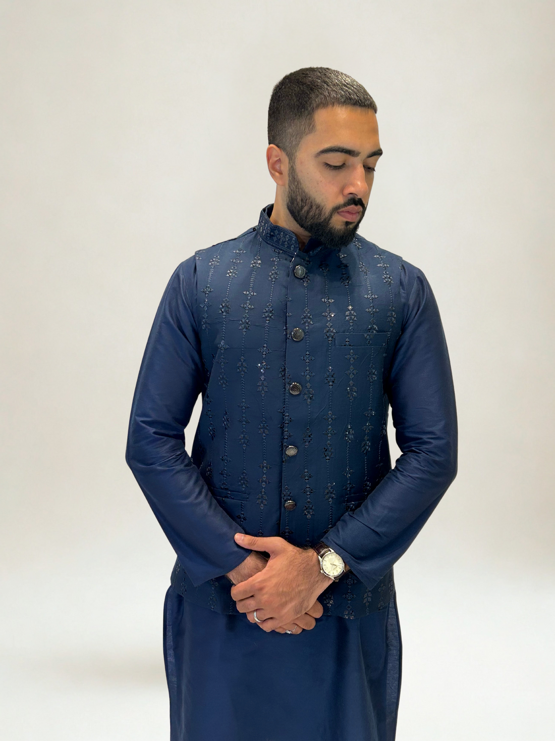 Navy Embroidered Nehru Jacket