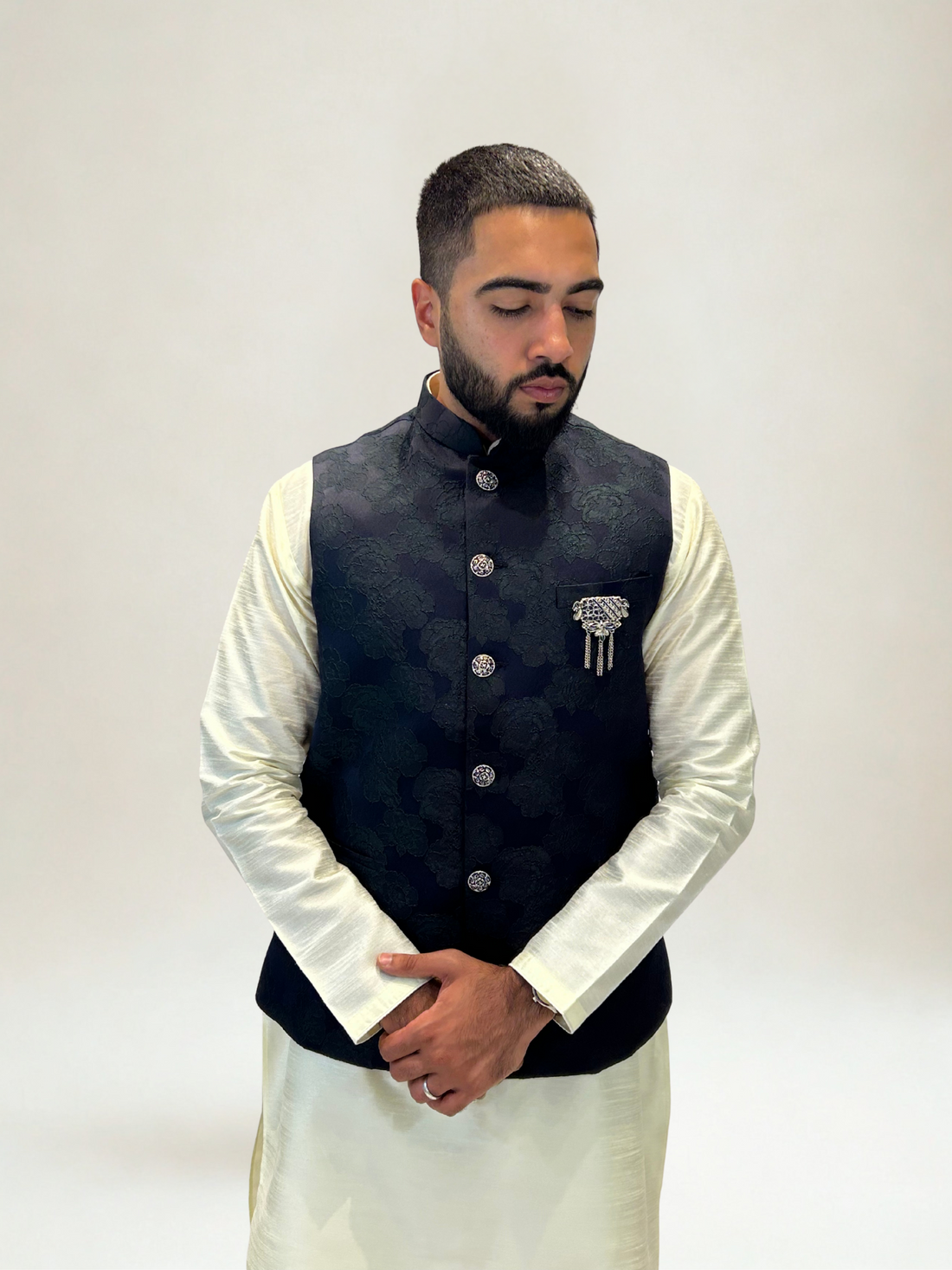 Navy Floral Jacquard Nehru Jacket