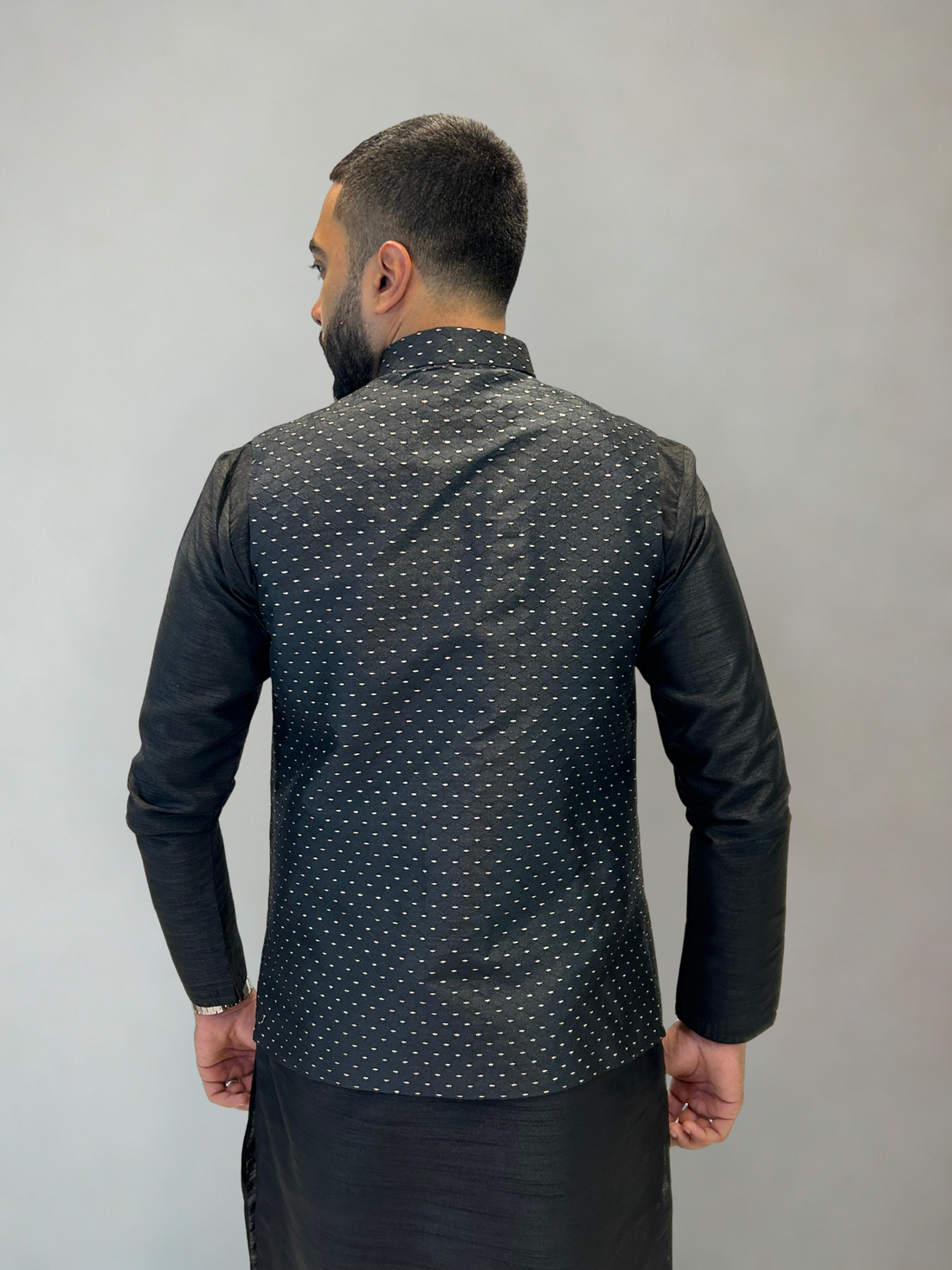Black Self-Patterned Nehru Jacket
