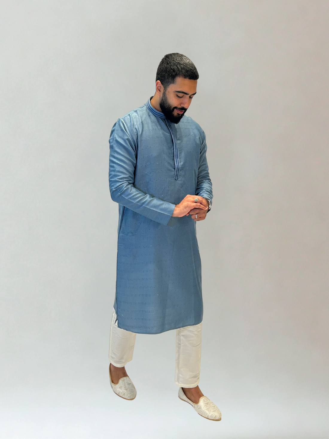 Grey Blue Thread and Sequin Kurta Set