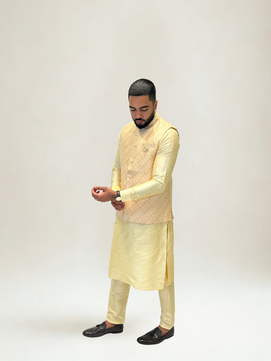 Peach Gold Self-Patterned Nehru Jacket