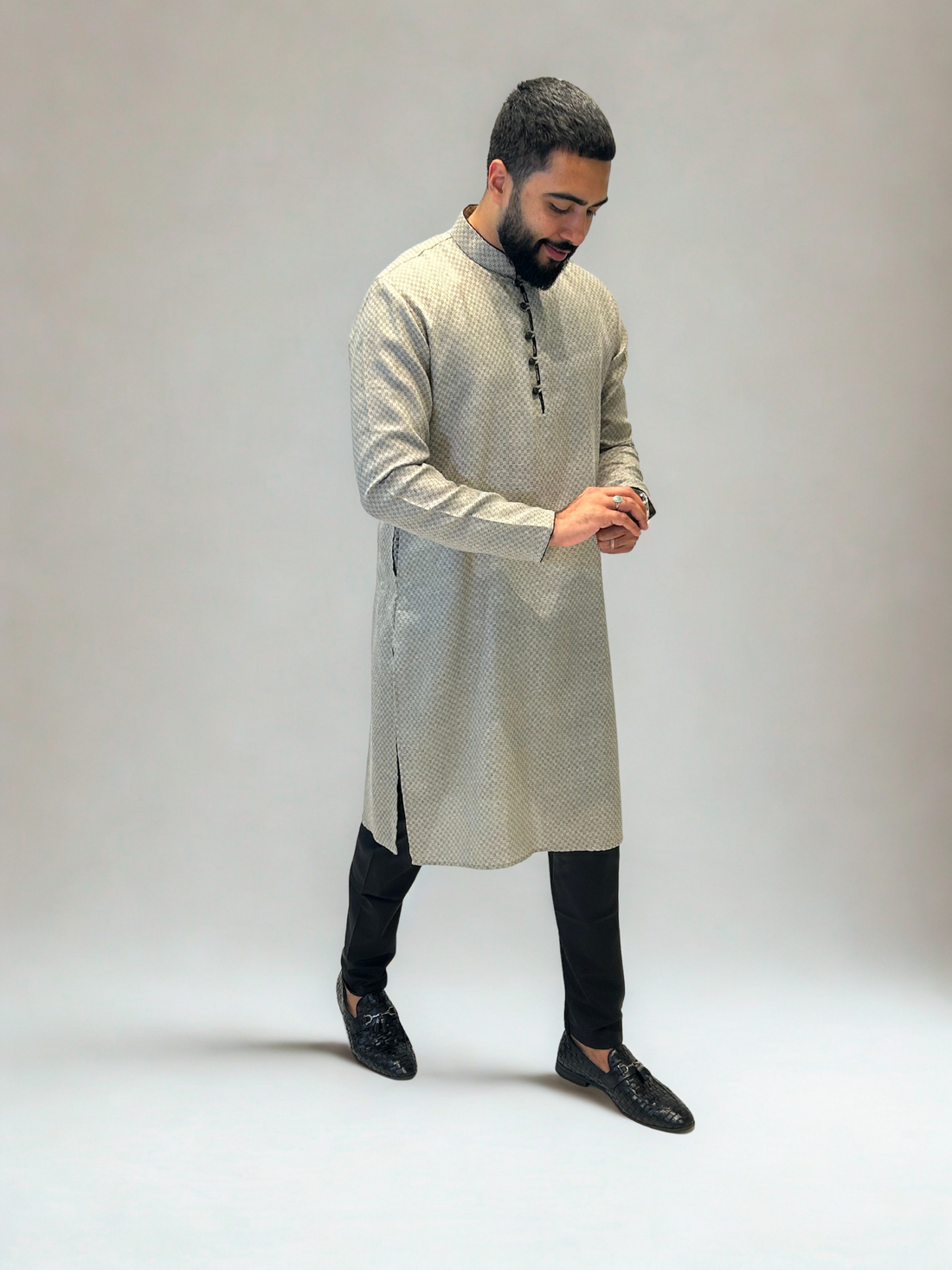 Grey Self Patterned Cotton Kurta Pajama Set