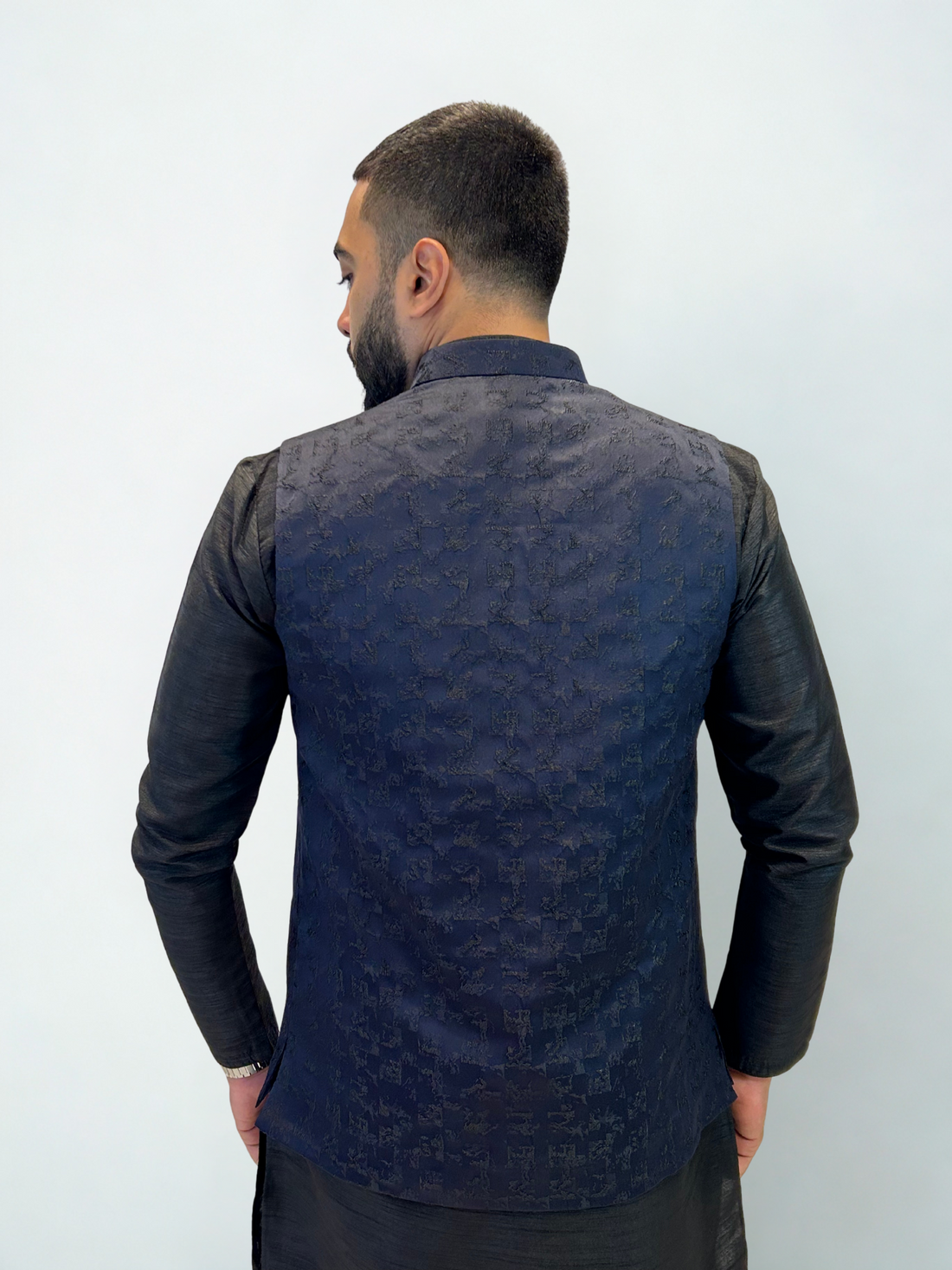 Black & Navy Textured Nehru Jacket