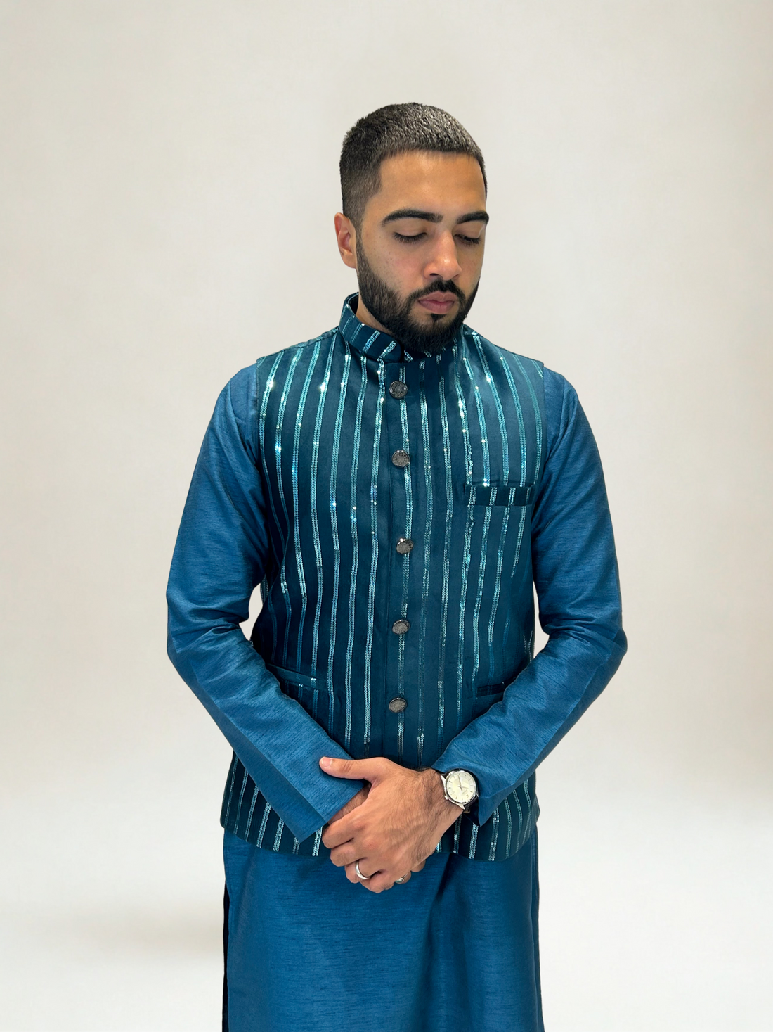 Teal Velvet Sequin Nehru Jacket