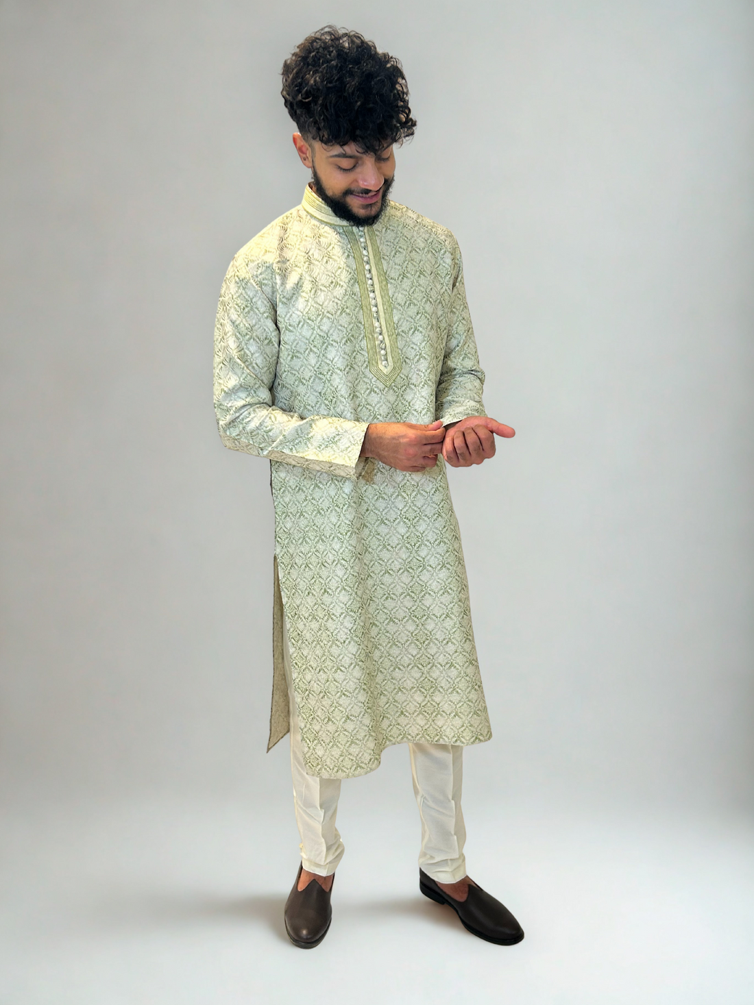Pastel Green Brocade Textured Kurta Set
