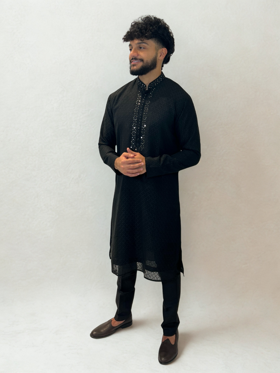 Black Sequin Embroidered Textured Kurta Set