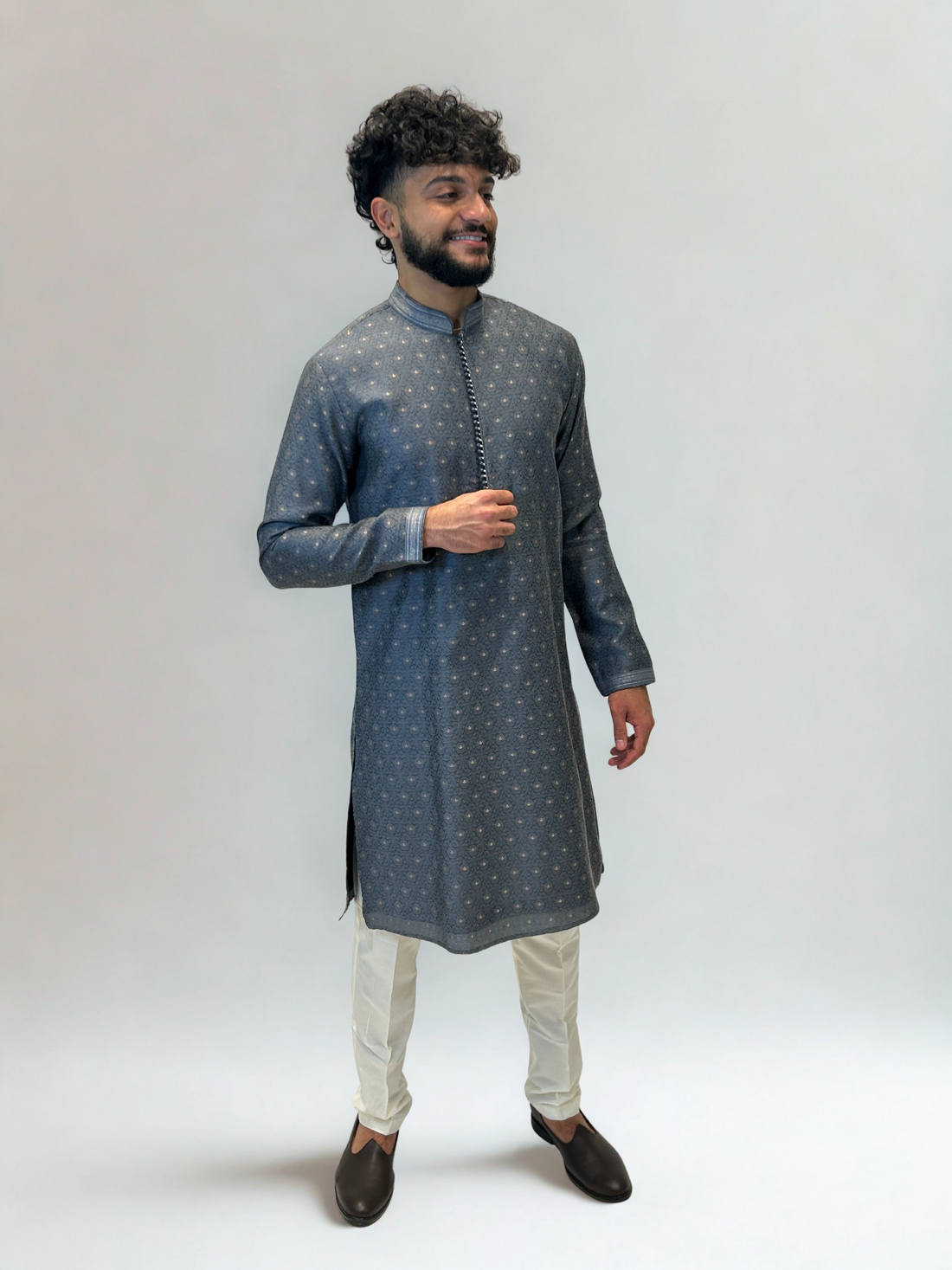 Steel Blue Brocade Kurta Set